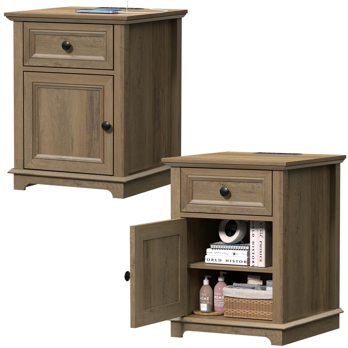 REDAYFUR End Tables with Fast-Charge Set of 2, Side Tables with Drawer Storage and Adjustable Shelf, Charging Nightstand Set of 2, Wooden Side Table for Living Room/Bedroom/Office, Light Brow - WoodArtSupply