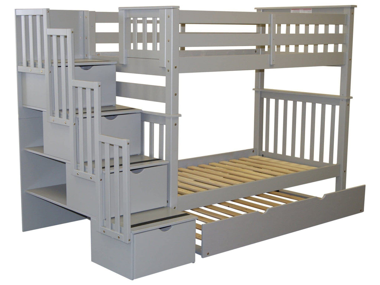 Bedz King Tall Stairway Bunk Beds Twin over Twin with 4 Drawers in the Steps and a Twin Trundle, Gray Bedz King