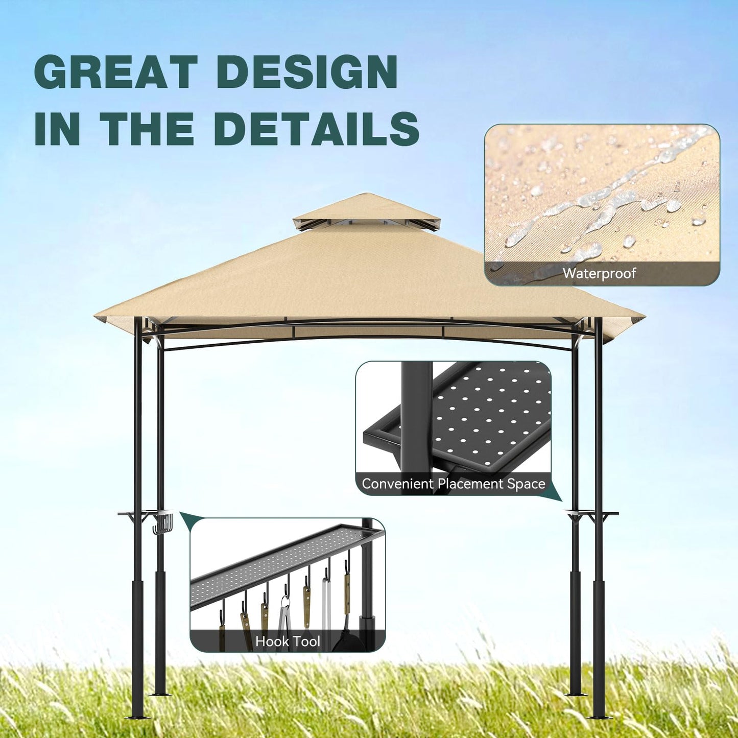 8x5 Grill Gazebo, Double Roof BBQ Gazebo with 2 Handy Shelves, Sturdy Steel Frame, 7 Hook Tools, Sun & Waterproof, Perfect for BBQ, Party, Garden (Khaki) - WoodArtSupply