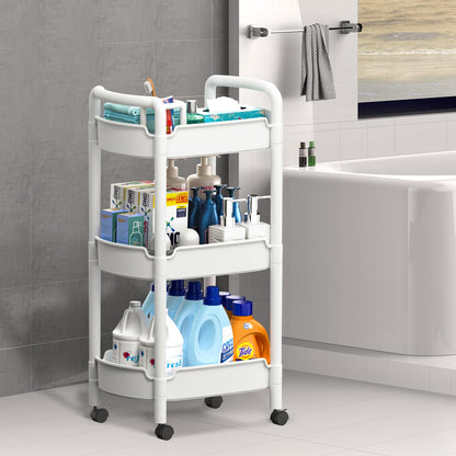 HUXMEYSON 3 Tier Rolling Cart, Multi-Functional Storage Utility Cart, Plastic Rolling Cart with Handle and Lockable Wheels, Versatile Storage Cart for Kitchen, Bathroom, Office, White