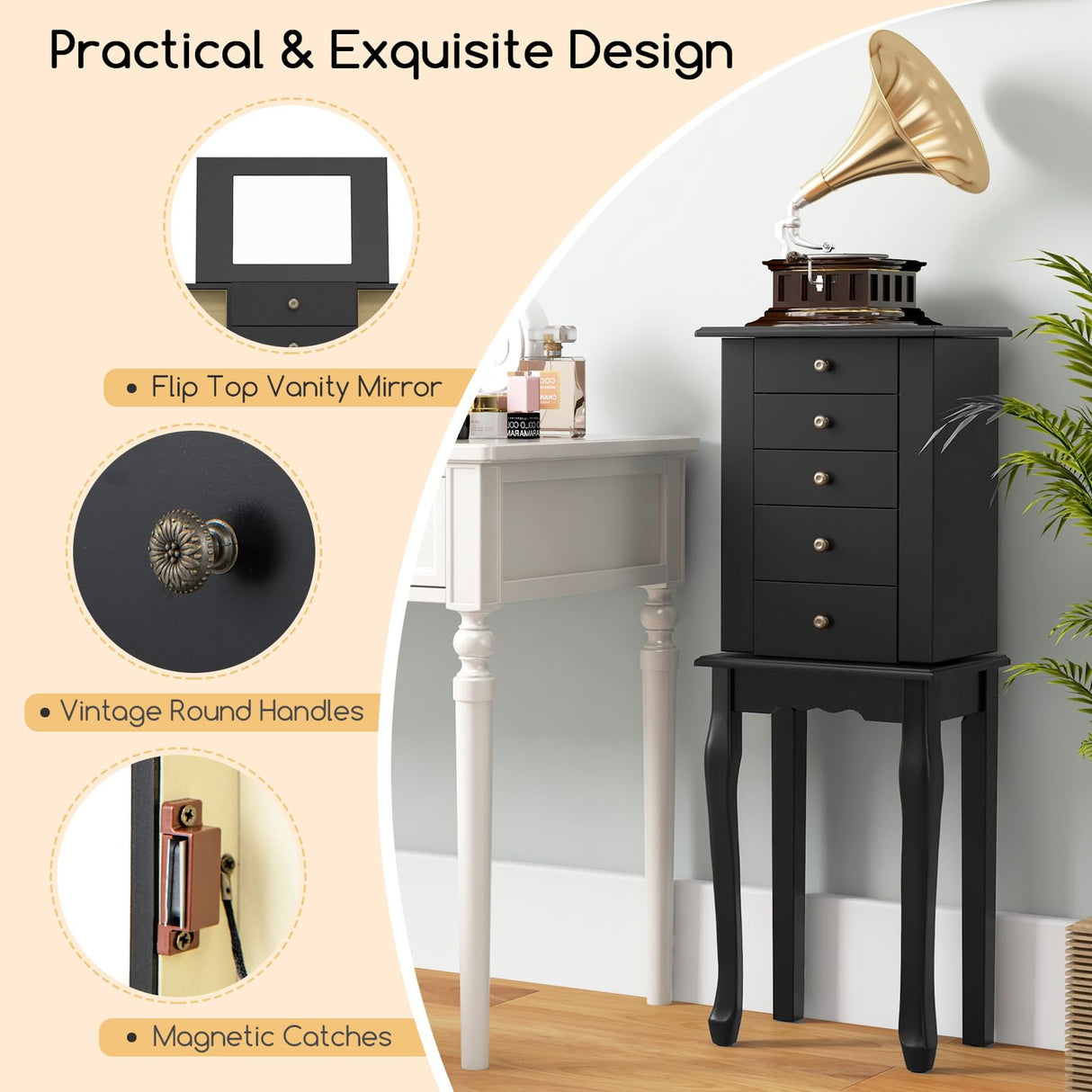 Giantex Jewelry Cabinet Armoire Chest with 4 Drawers, Flip Top Mirror, Top Storage Compartments, 2 Side Doors with 8 Necklace Hooks, 2 Shelves, Black Standing Jewelry Organizer Box for Girls Gift Giantex