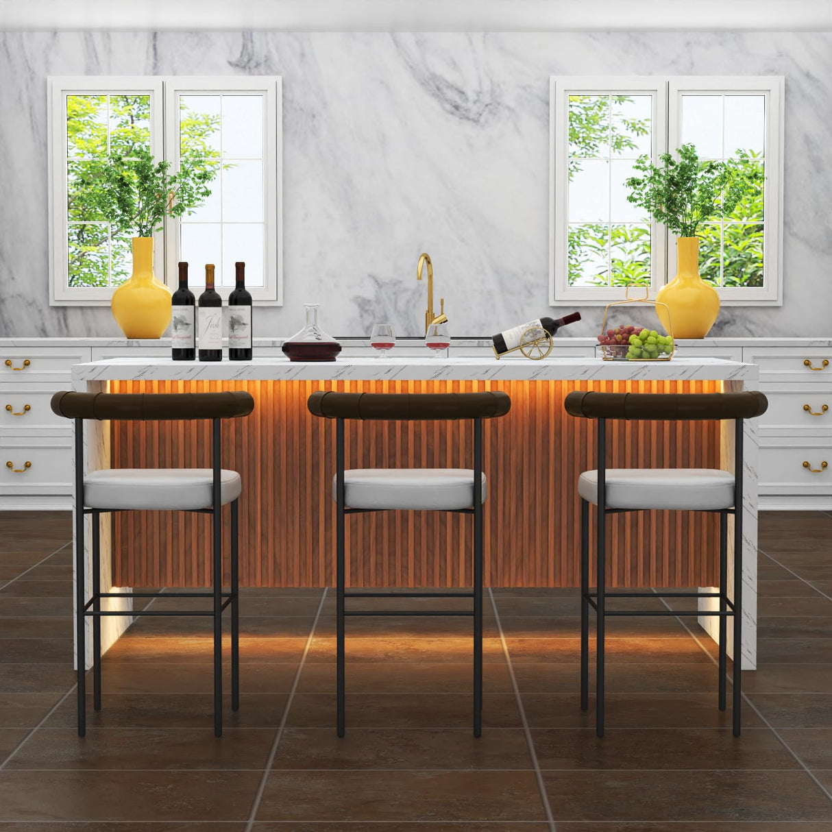 71" Large Imitation Marble Dining Table for 6-8 People, Island Table with LED Lights, Mordern Marble Stripes Kitchen Dining Table with Grille design for Dining Room, Home, Office, Living Room（white） Gyfimoie