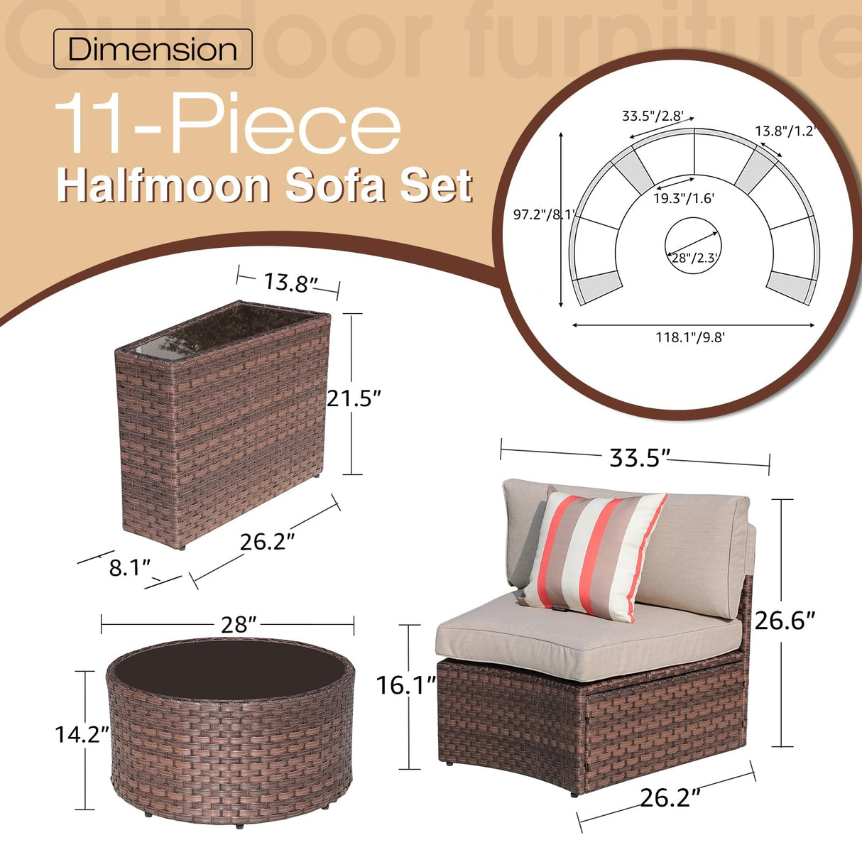 SUNSITT Outdoor Sectional Set 11-Piece Half Moon Patio Furniture Brown Wicker Sofa Beige Cushions with 4 Side Table and 4 Pillows SUNSITT