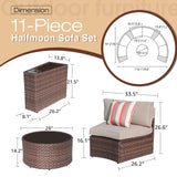 SUNSITT Outdoor Sectional Set 11-Piece Half Moon Patio Furniture Brown Wicker Sofa Beige Cushions with 4 Side Table and 4 Pillows SUNSITT