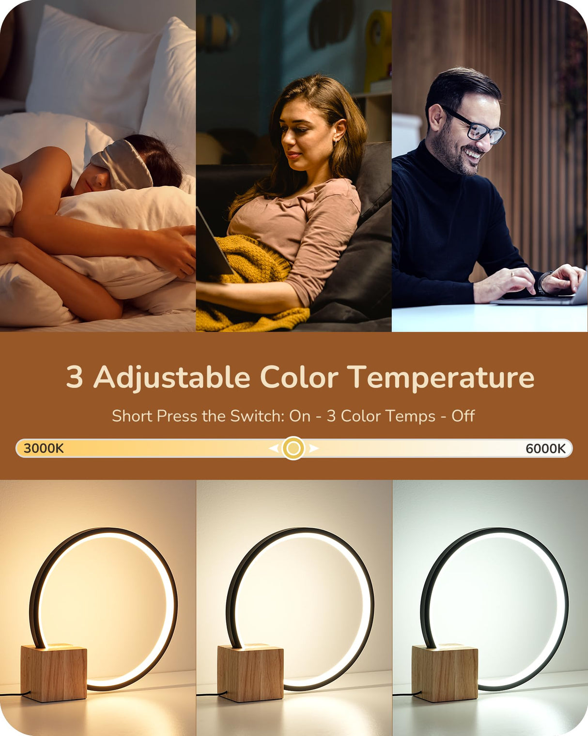 EDISHINE Modern LED Table Lamp, Bedside Lamp with One-Piece Solid Wood Base, 3 Color Temperature & Stepless Dimmable, Nightstand Lamp for Bedroom, Living Room, Reading Room EDISHINE