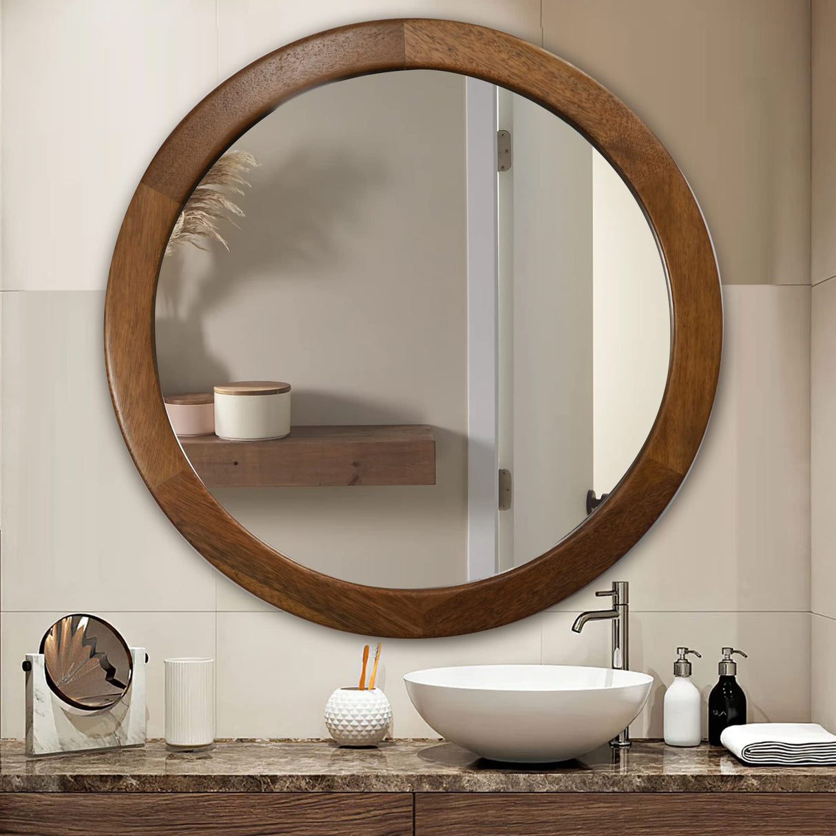 CULER Round Mirrors 30 Inch,Wood Vanity Wall Rustic Mirror with Walnut Frame, Wooden Mirror for Bathroom Bedroom Living Room Or Entryway(Walnut Brown) CULER