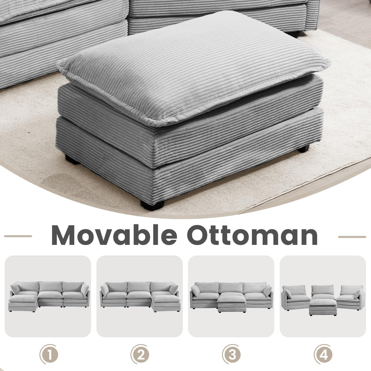 ROWHY Oversized Modular Sectional Sofa with Movable Ottoman, 112 Inch 4 Seat Modern Corduroy Sofa Set, Convertible L Shaped Couch for Living Room and Office, Light Grey ROWHY