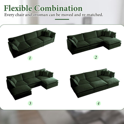 111.42" Deep Seat Sectional Cloud Sofa Sleeper with 3 Ottomans & Soft Pillows, 6 Seat Modular Couch Bed for Living Room, Apartment, Dark Green Chenille