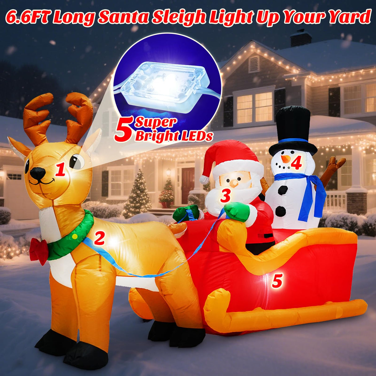 MICOCAH 6.6FT Long Christmas Inflatables Santa Claus on Sleigh with Snowman & Reindeer Outdoor Decorations, Giant Xmas Blow Up Yard Decor Build in LEDs & Tethers Stakes for Holiday Indoor Patio Lawn MICOCAH