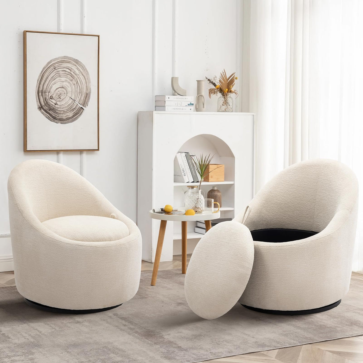 Swivel Barrel Accent Chair Set of 2, 360 Swivel with Hidden Storage, Modern Small Round Accent Chair for Living Room/Bedroom - Beige COLAMY