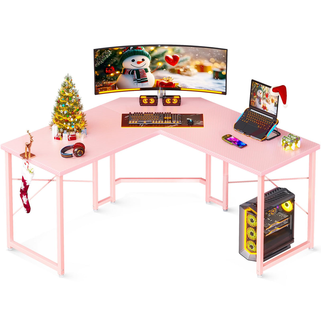 Casaottima L Shaped Gaming Desk, Corner Desk Gaming Table for Home Office, Computer Desk Sturdy Writing Workstation for Small Space, Easy to Assemble, 51 inch, Carbon Fiber Surface, Pink Casaottima