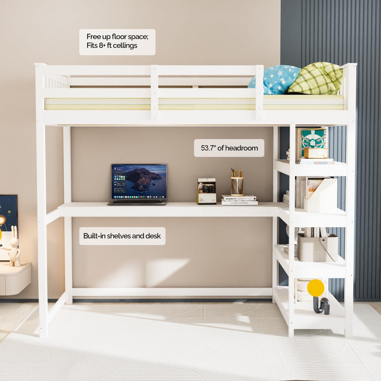 Bunk Bed with Desk and 4-Layer Shelves, Loft Bed Twin Size with Under Desk and Bookcase Storage, Twin Bed Frame for Kids, Adults& Young Teens, White - WoodArtSupply