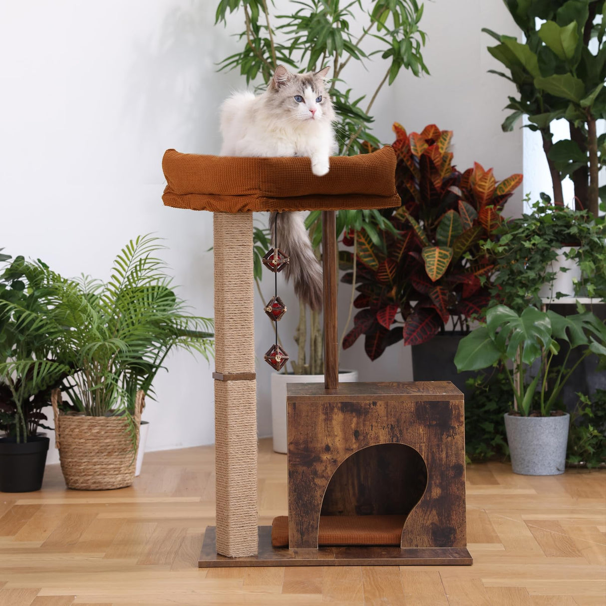 FUKUMARU Cat Scratching Post, Modern Style Cat Tree with Unique Square Post, Wooden Cat Tower with silvervine Balls, Retro Cat Condo Scratcher for Indoor Cats（Solid Wood） FUKUMARU