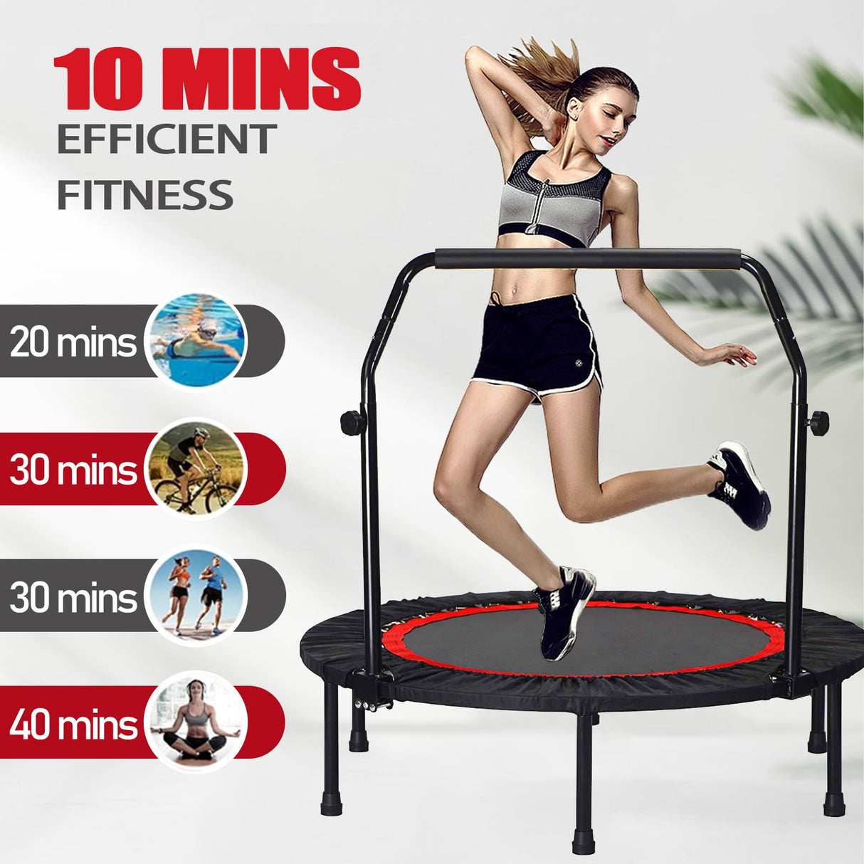 40" Foldable Mini Trampoline for Adults & Kids, Fitness Rebounder with U Shape Adjustable Foam Handle, Indoor Exercise Trampoline, Max Load 330lbs Anwick