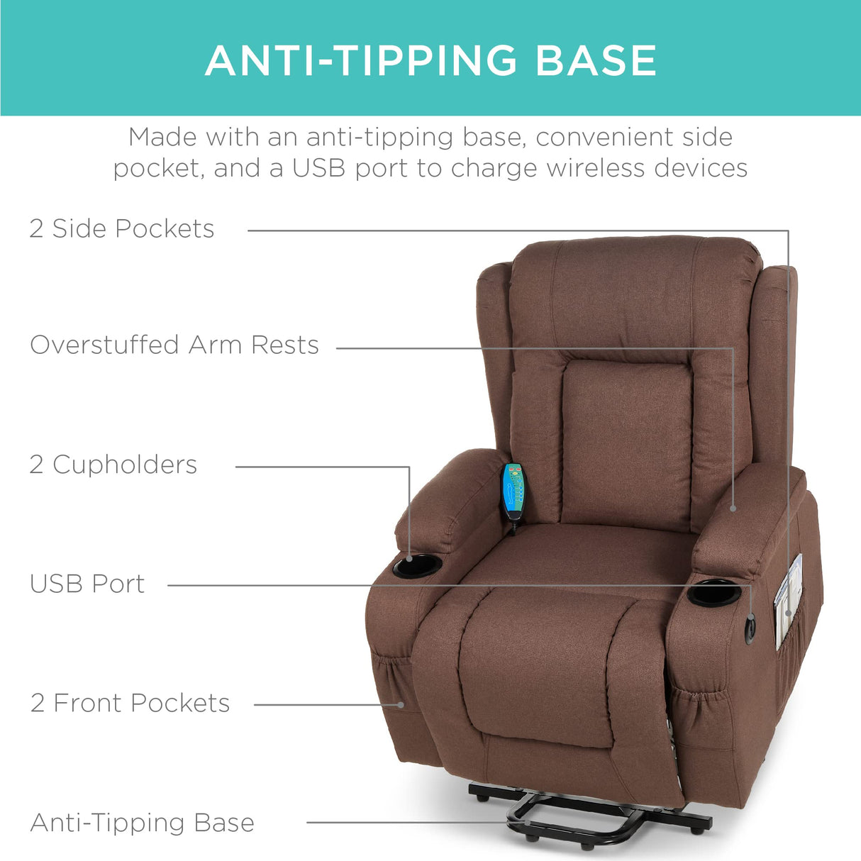 Best Choice Products Modern Linen Electric Power Lift Chair, Recliner Massage Chair, Adjustable Furniture for Back, Legs w/ 3 Positions, USB Port, Heat, Cupholders, Easy-to-Reach Button - Brown Best Choice Products