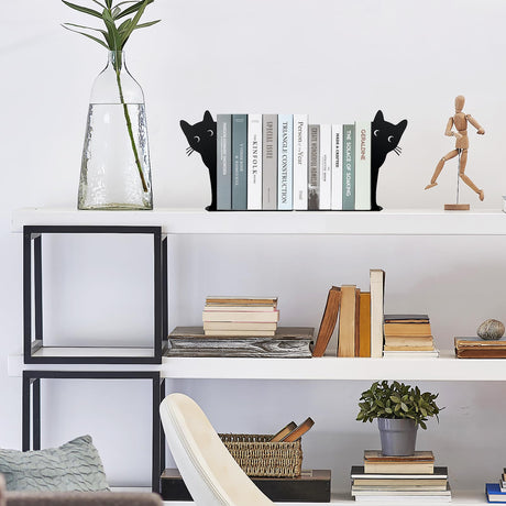 Peeping Cat Bookends,Metal Book Ends for Heavy Books for Shelves Decorative,Bookshelf Decor Home Office Desk for Cat Lover Gifts (Black Cat) HENART