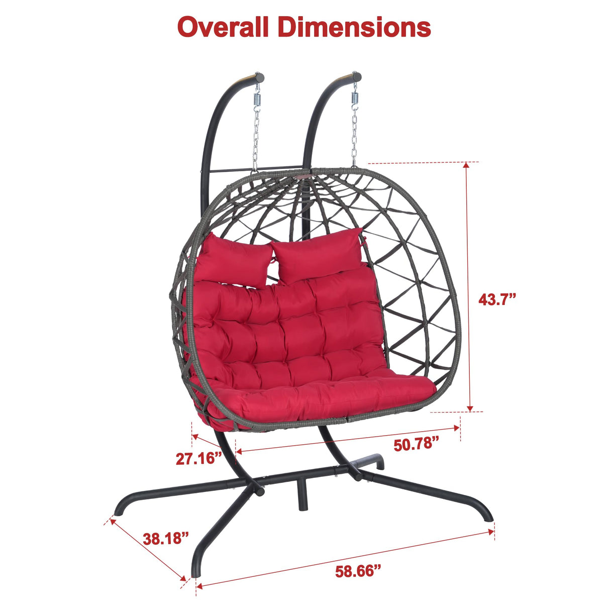 Double Hanging Egg Chair Indoor Outdoor with Stand, Patio Rattan Wicker Double Egg Swing Chair Hammock Chair with UV Resistant Thicken Comfy Cushions, Porch Swing Loveseat for Backyard, Red WIIS' IDEA