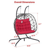 Double Hanging Egg Chair Indoor Outdoor with Stand, Patio Rattan Wicker Double Egg Swing Chair Hammock Chair with UV Resistant Thicken Comfy Cushions, Porch Swing Loveseat for Backyard, Red WIIS' IDEA