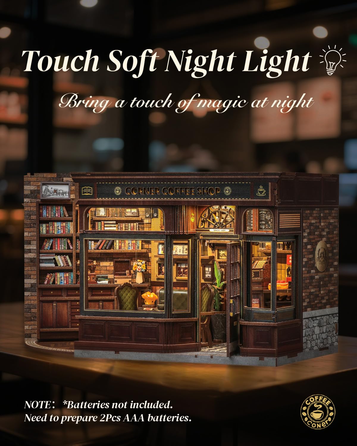 Cutefun Book Nook Kit - DIY Miniature Doll House Kit, Book Nook Kits for Adults, 3D Wooden Puzzle Bookend Bookshelf with LED Light for Cafe Crafts Lovers (Corner Coffee Shop) Cutefun