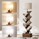 Tree Bookshelf with Light, 6 Tier Narrow Bookcase with Storage Cabinet, Tall Corner Book Shelf for Small Spaces, Vertical Floor Standing Organizer for Bedroom Living Room Home Office, Rustic Brown INNOD