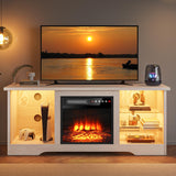 VITESSE 58 Inches Fireplace TV Stand for TVs up to 65 Inches Console with 18'' Electric Fireplace & Remote,Wooden Modern Entertainment Center for Living Room with LED Light Glass Shelves（Bei） VITESSE