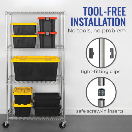 SafeRacks - NSF Certified Storage Shelves, Zinc, Heavy Duty Steel Wire Unit with Wheels and Adjustable Feet, Garage or Bakers Rack, Kitchen, Pantry Shelf - (36"x24"x72" 4-Tier) (Silver) SafeRacks