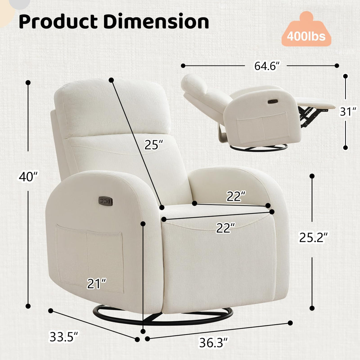 Power Nursery Glider Recliner, Chenille Electric Rocker Recliner with Type-C & USB Port, Nursery Swivel Rocker Recliners with Double Pockets for Adult, Cream White AEMEIOS