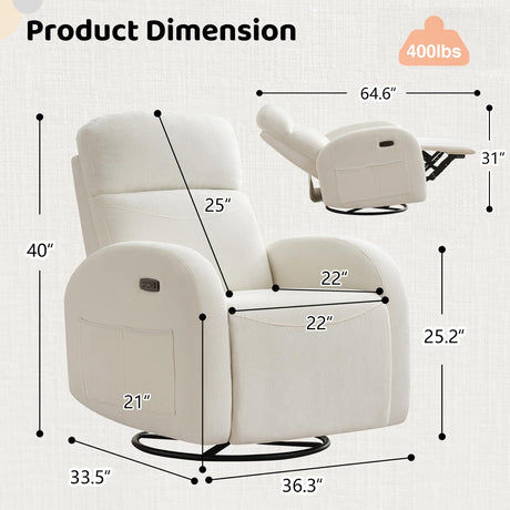 Power Nursery Glider Recliner, Chenille Electric Rocker Recliner with Type-C & USB Port, Nursery Swivel Rocker Recliners with Double Pockets for Adult, Cream White AEMEIOS