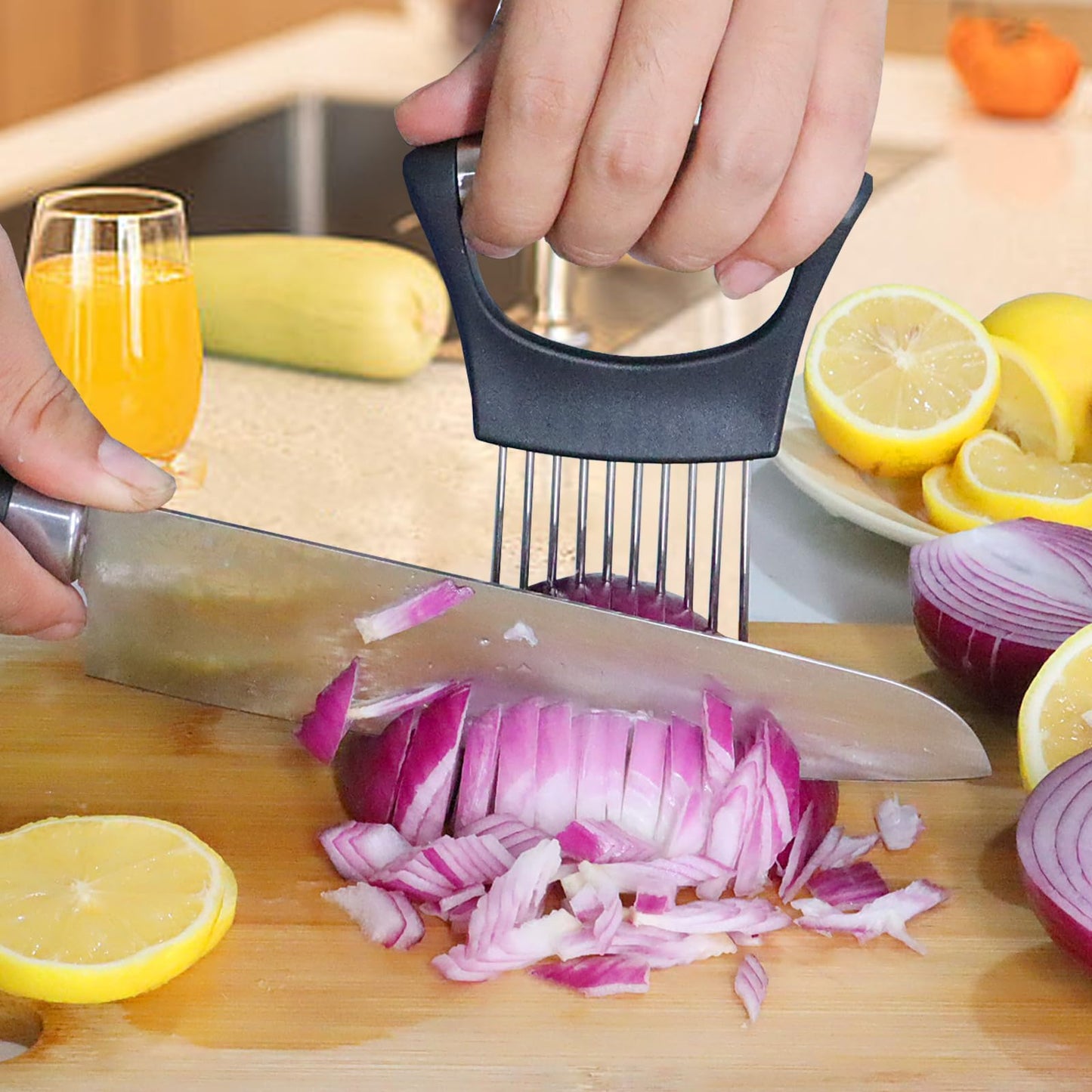 JAYVAR Onion Holder for Slicing, Lemon Slicer Onion Cutter for Slicing, Vegetable Cutter for Potato and Tomato, Avocados, Eggs, Food Slicer Assistant Tool for Slicing Fruit Lemon and Meat