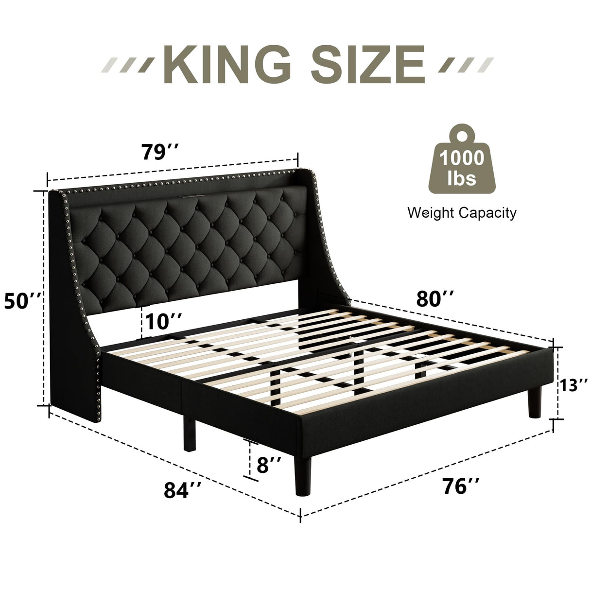 Feonase King Size Bed Frame with Luxury Wingback and Fast Charging Station,Upholstered King Button Tufted Storage Headboard Platform Beds, Wooden Slats Support, Noise-Free, Easy Assembly,Matte Black Feonase