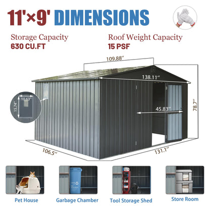 Domi Outdoor Storage Shed 11’ x 9’, Metal Sheds with Galvanized Steel Frame & Windows & Lockable Door, Garden Shed Tool Storage Room for Patio(Dark Gray)