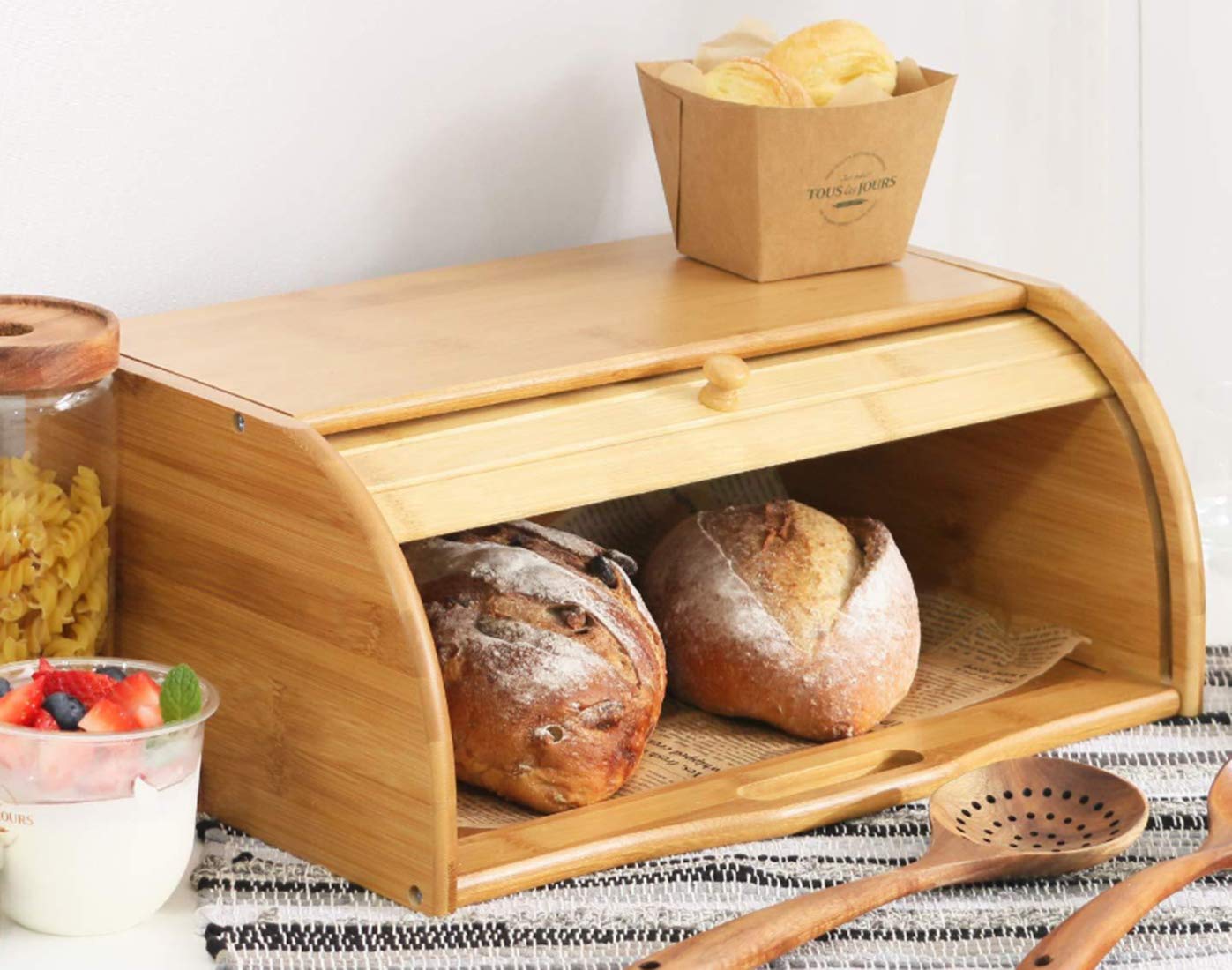 Lawei Bamboo Bread Box, Large Natural Roll Top Wood Bread Box, Countertop Bread Storage Bin, Bread Boxes Holder for Kitchen Food Storage, No Assembly Required - WoodArtSupply