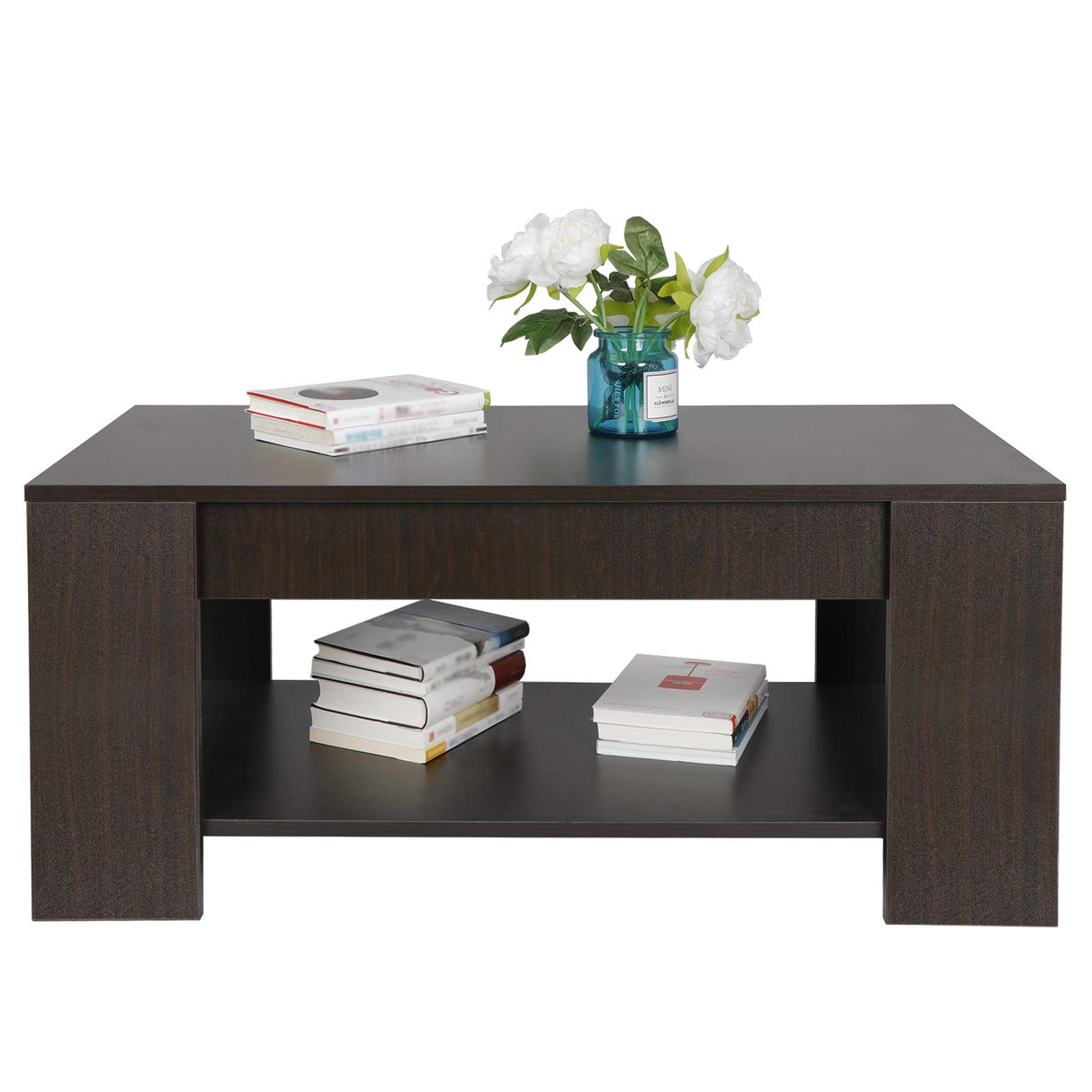 SUPER DEAL Modern Lift Top Coffee Table w/Hidden Compartment and Storage Shelves Pop-Up Storage Cocktail Table for Living Room Reception Room SUPER DEAL