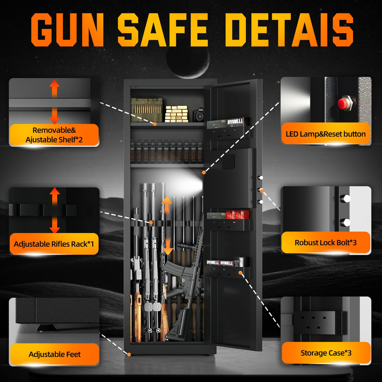 6-10 Gun Safe for Rifle and Pistols,Dual Alarm & Mute Mode Gun Cabinet with Removable Gun Racks,Fingerprint Gun Safes for Shotguns with Multi-Function Panel and Pistol Bags. Lnoauys