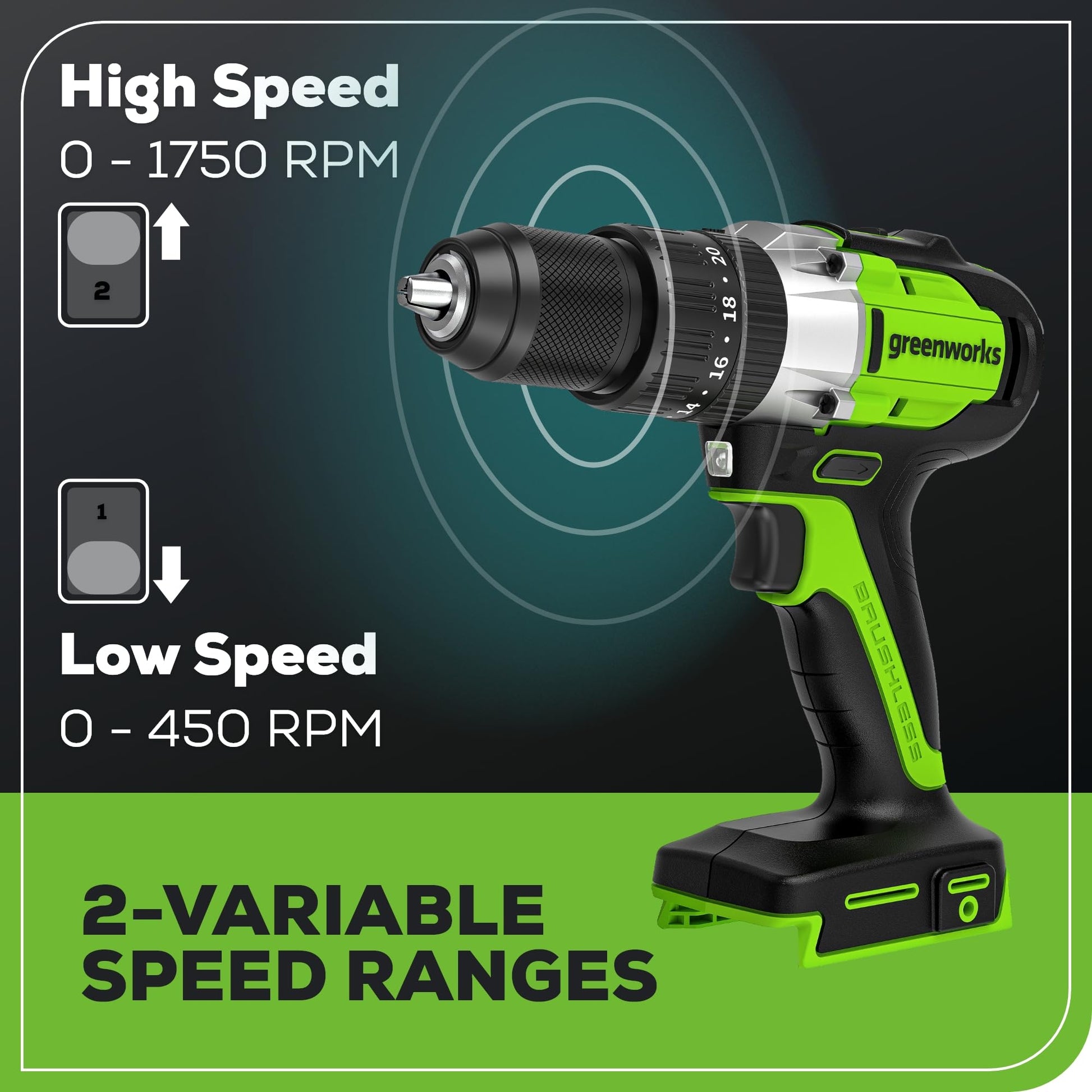 Greenworks 24V Brushless 1/2" Hammer Drill (530 in-lbs.) 2.0Ah Battery and Charger Included, DDG402 - WoodArtSupply