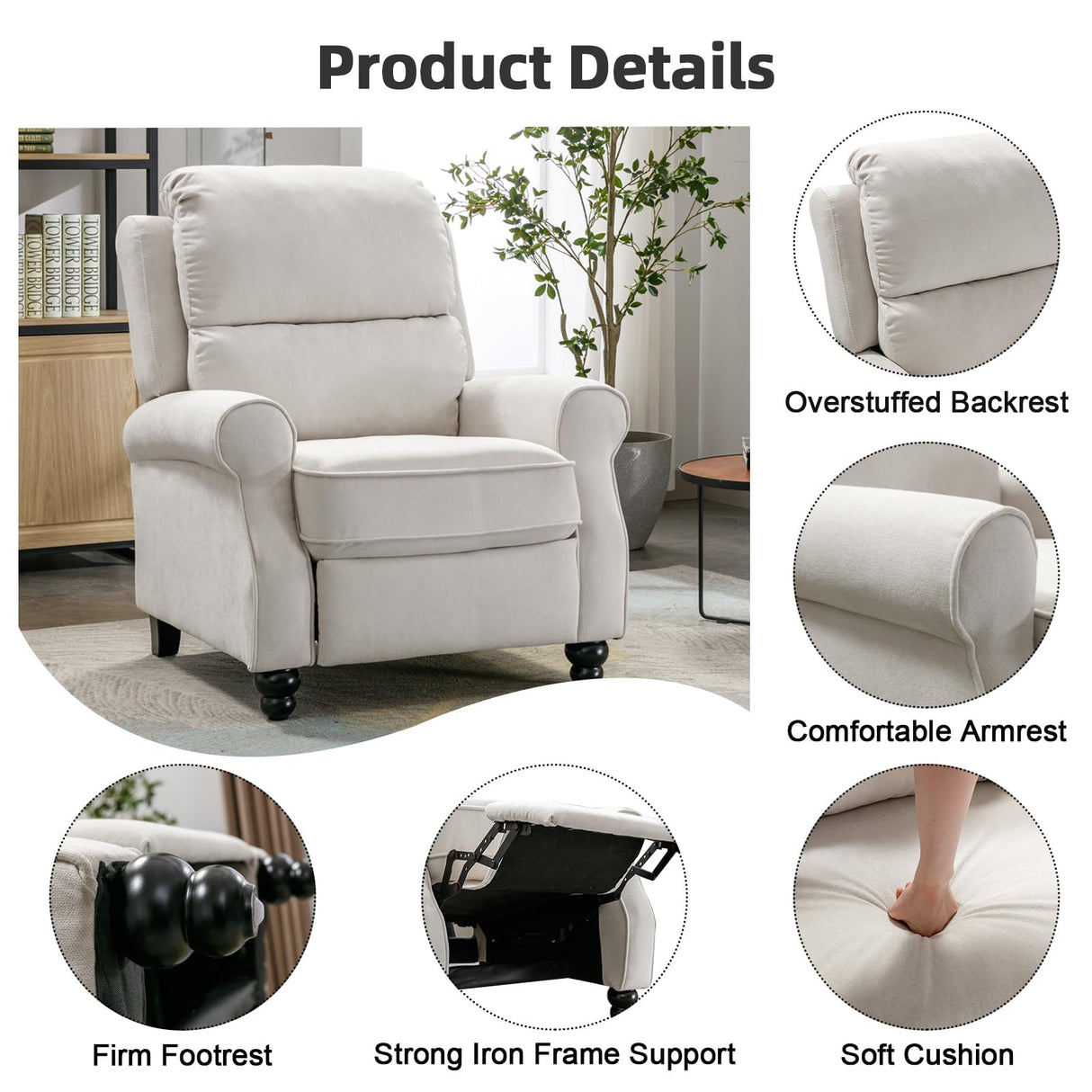 IOMOR Push Back Recliner Chair, Fabric Armchair Overstuffed Pushback Recliner, Heavy Duty Single Sofa Chair with Padded Seat Solid Wood Legs for Living Room (White) IOMOR