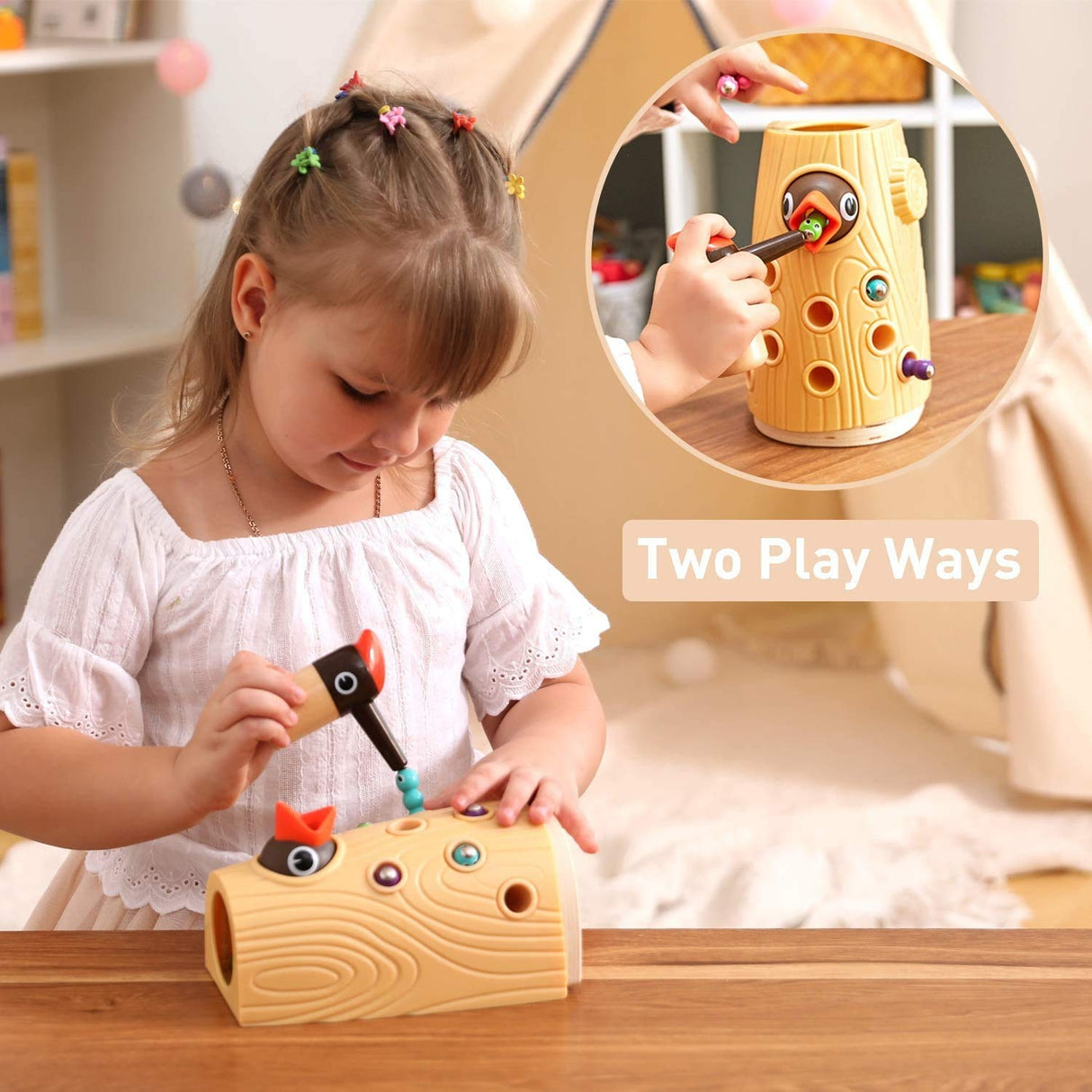 TOP BRIGHT Montessori Toys for 2 Year Old Girl and Boy, Fine Motor Skills Toddler Toys Age 2-4, Woodpecker Worm Toy Magnetic Bird Feeding Game TOP BRIGHT