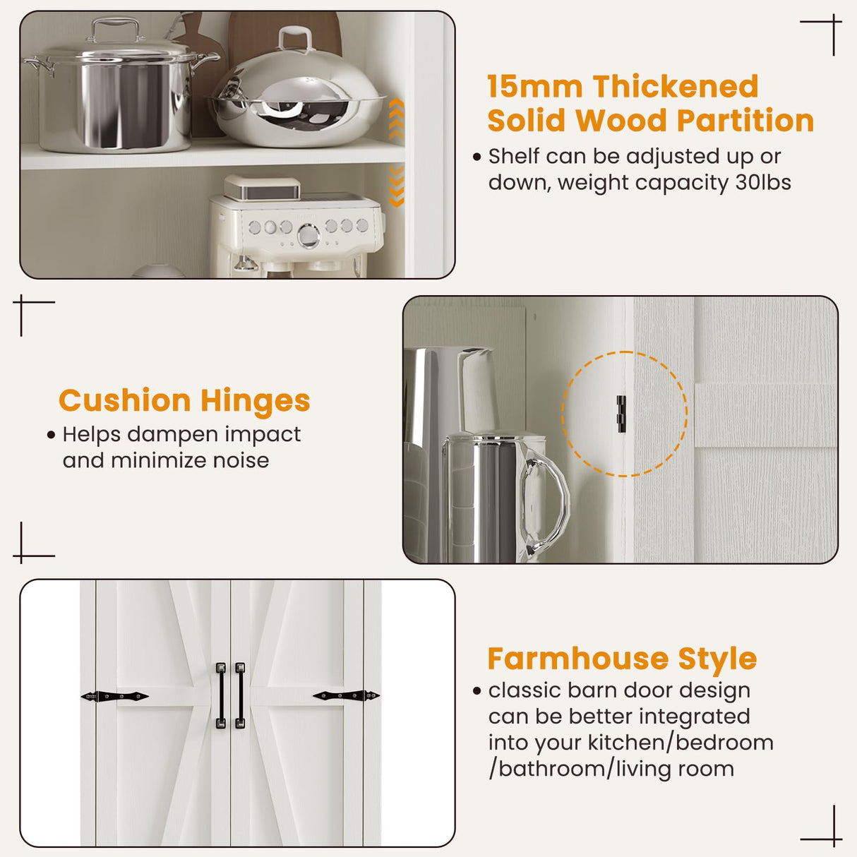 Teekyooly 70" Tall Kitchen Pantry, Farmhouse Storage Cabinet with 2 Barn Doors and 5 Adjustable Shelves, Rustic Wood Cupboard for Kitchen, Dining Room, Bathroom, Off White Teekyooly