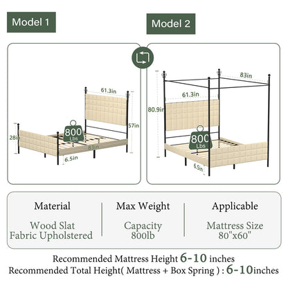 SAMTRA Canopy Bed Frame Queen Size with Upholstered Headboard & Footboard, Classic Fashion Boho Beige Color Canopy Platform Bedframe