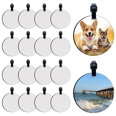 16 Pcs Sublimation Luggage Tag Blanks Round Bulk with Belt MDF Sublimation Bag Tags Blank Heat Transfer Double Sides Sublimation Keychain Blanks Product Bagge Blank for Travel Bag 4 inch LaiHiulaan