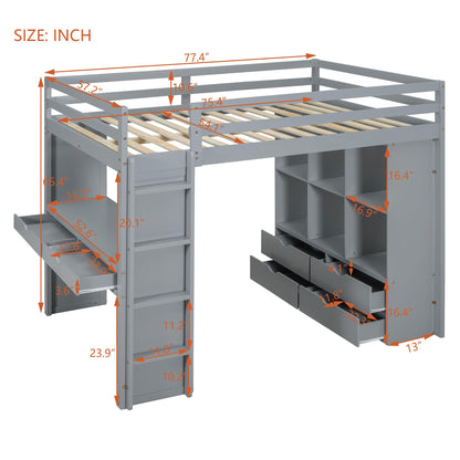 Bellemave Full Size Loft Bed with Desk and LED Light, Wood Loft Bed Frame with Storage Shelves and Drawers for Adults Kids Boys Girls, Gray