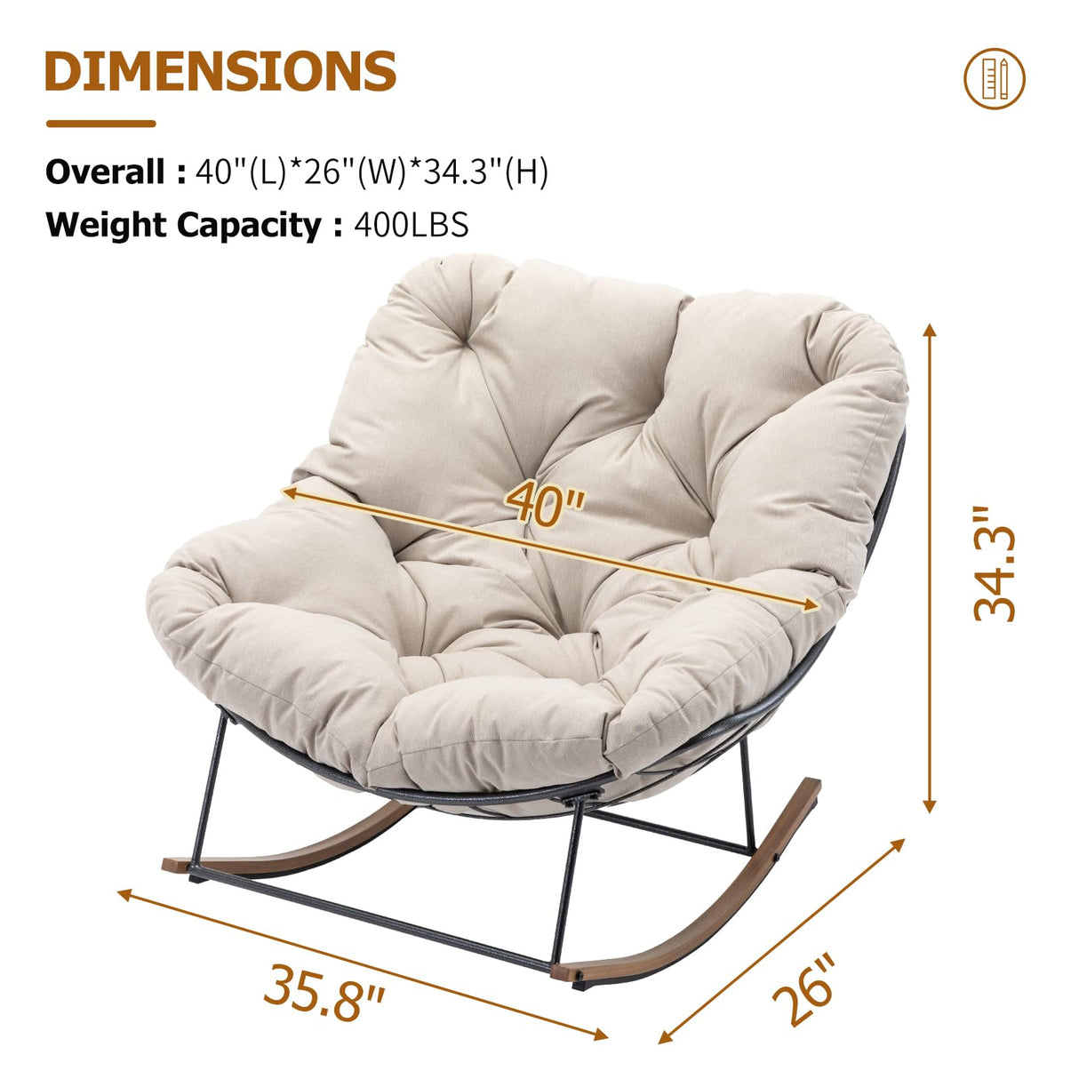 AIDEHO Outdoor Patio Rocking Chair, Oversized Papasan Chair with Cushion and Frame, Comfy Modern Rocker Egg Chair for Living Room, Garden Backyard，Beige AIDEHO