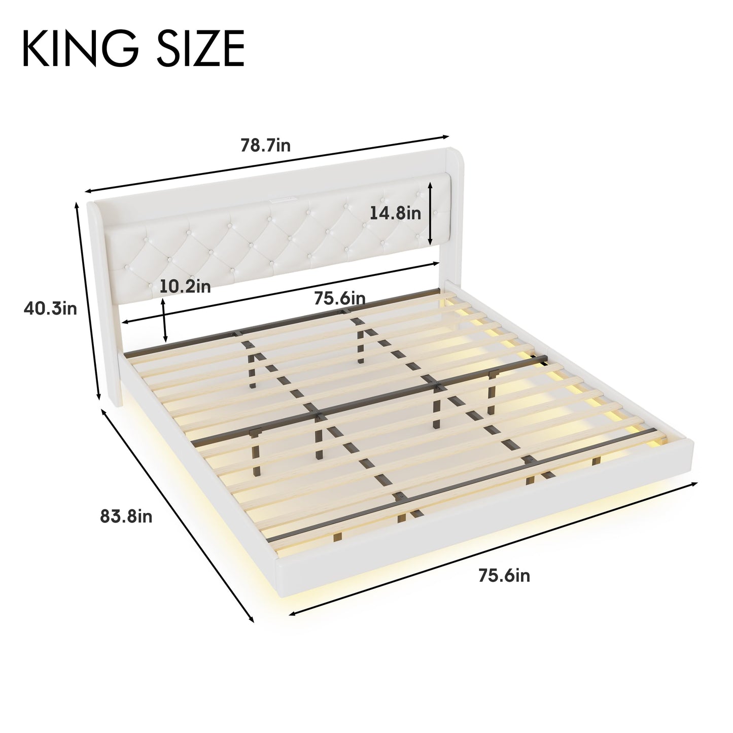 Halitaa White King Size Floating Bed Frame with LED Lights and Charging Station - WoodArtSupply