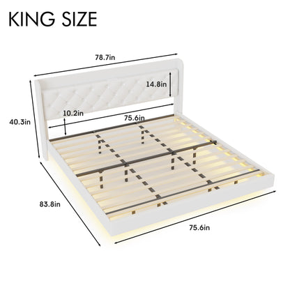 Halitaa White King Size Floating Bed Frame with LED Lights and Charging Station - WoodArtSupply