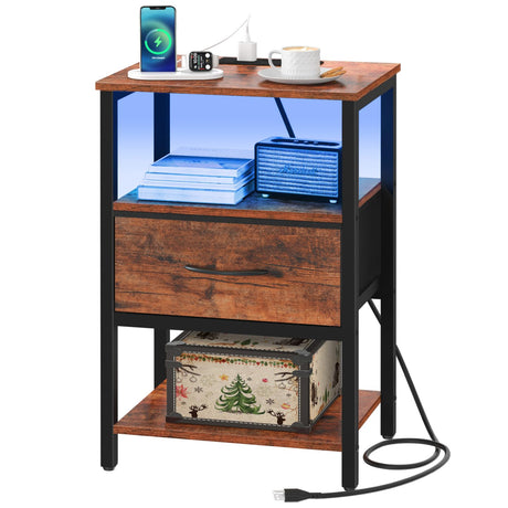Yoobure Side Table with Storage, LED Night Stand with Charging Station, End Tables Living Room, Nightstand for Bedroom with Adjustable Fabric Drawer, 3-Tier Wood Bedside Table, Berry Brown Yoobure