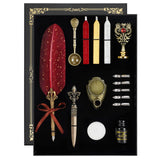 Karhood Quill Pen and Ink Set - Feather Calligraphy Dip Pen with Wax Seal Stamp Kit and 5 Nibs (Red) Karhood
