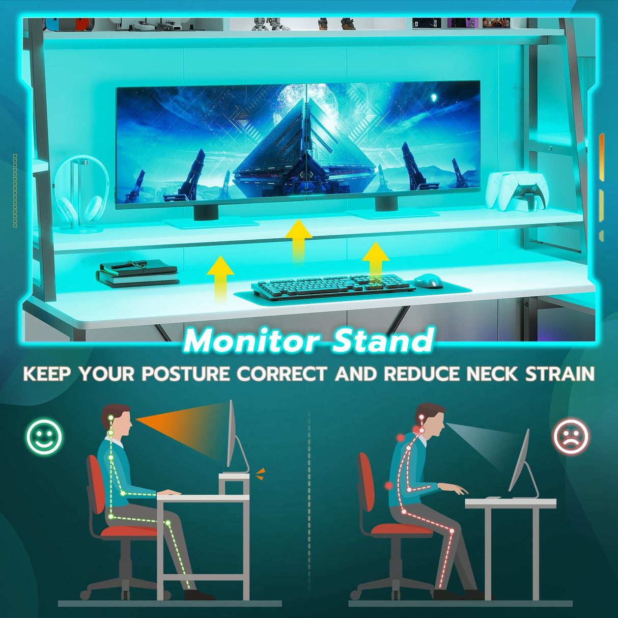 SEDETA White Gaming Desk 78.8'' with LED Lights, Hutch and Storage Shelves, Computer Desk with Monitor Stand, Large PC Gamer Desk Workstation, Ergonomic Gaming Table for Bedroom, Living Room SEDETA