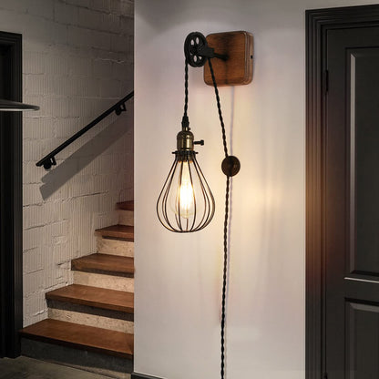 Industrial Farmhouse Plug in Wall Sconce with Wire Shade, Metal Wall Lamp Cage with Pulley Lift for Living Room Rustic Wood LED Wall Lamp with Switch Cord for Kids Bedroom, Reading Room(No E2 - WoodArtSupply