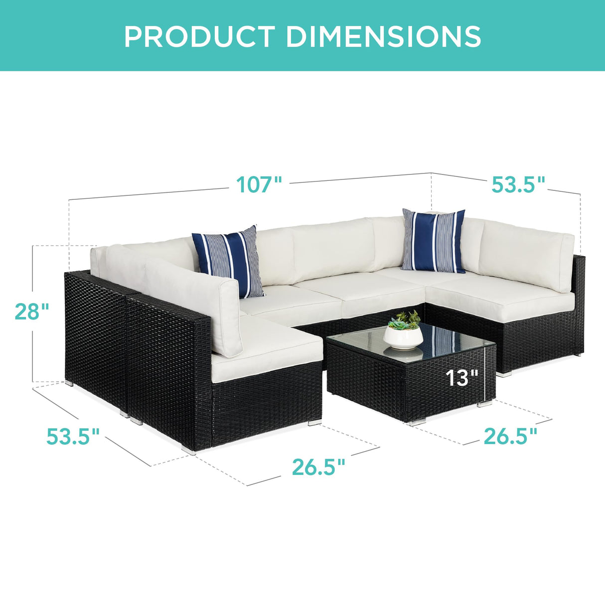 Best Choice Products 7-Piece Modular Outdoor Sectional Wicker Patio Conversation Set w/ 2 Pillows, Coffee Table, Cover Included - Black/White Sand Best Choice Products