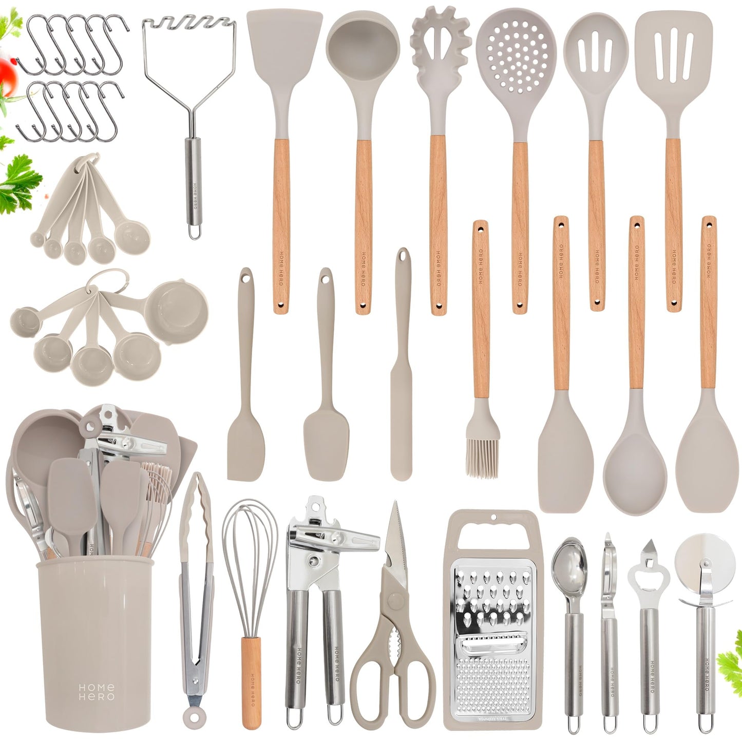 Home Hero 44 Pcs Silicone Kitchen Utensils Set, Non-Stick Silicone Cooking Utensils Set with Spatula, Wooden Handle Spatula, Silicone Kitchen Gadgets Utensil Set (44 Pcs - Stone)